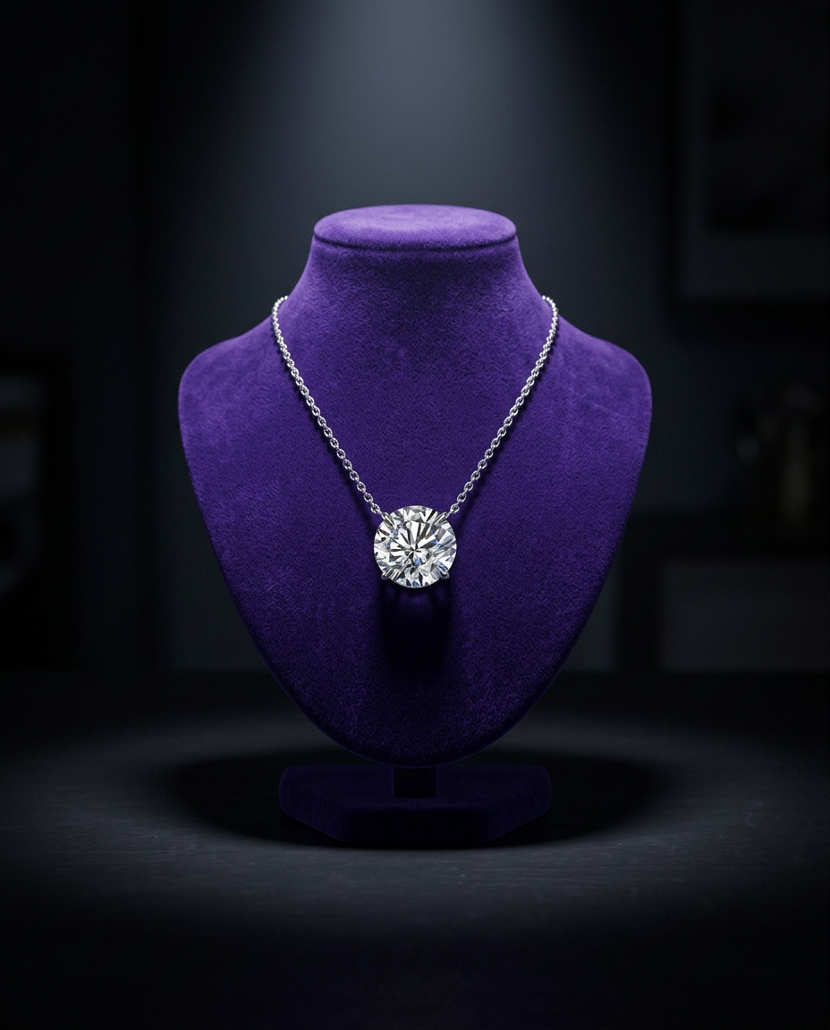 Moissanite solitaire pendant necklace on royal purple velvet bust — Showtime Gems
