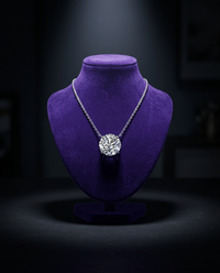 Moissanite solitaire pendant necklace on royal purple velvet bust — Showtime Gems