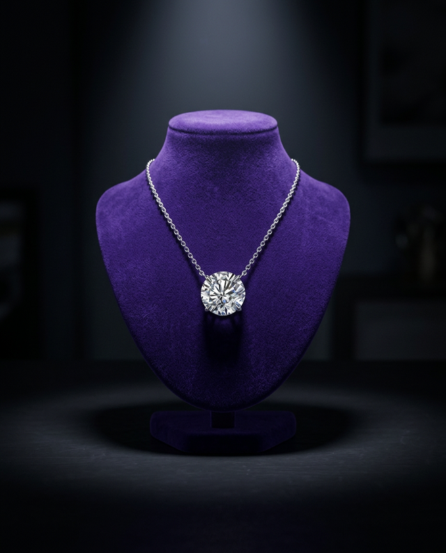 Moissanite solitaire pendant necklace on royal purple velvet bust — Showtime Gems