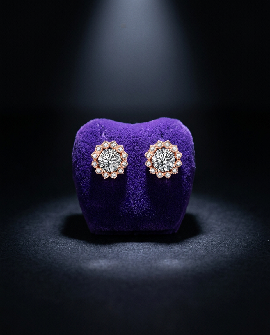 Moissanite stud earrings on royal purple velvet — Showtime Gems