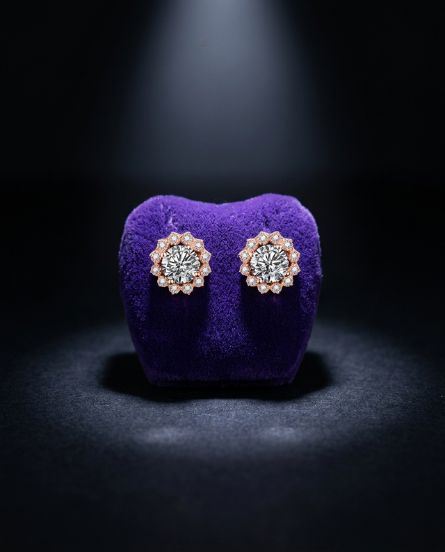 Moissanite stud earrings on royal purple velvet — Showtime Gems