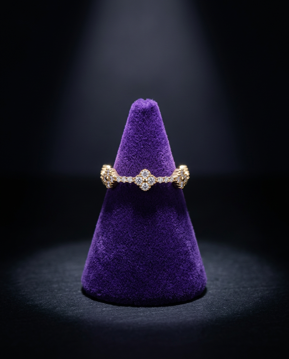 Eternity moissanite ring on royal purple velvet cone — Showtime Gems
