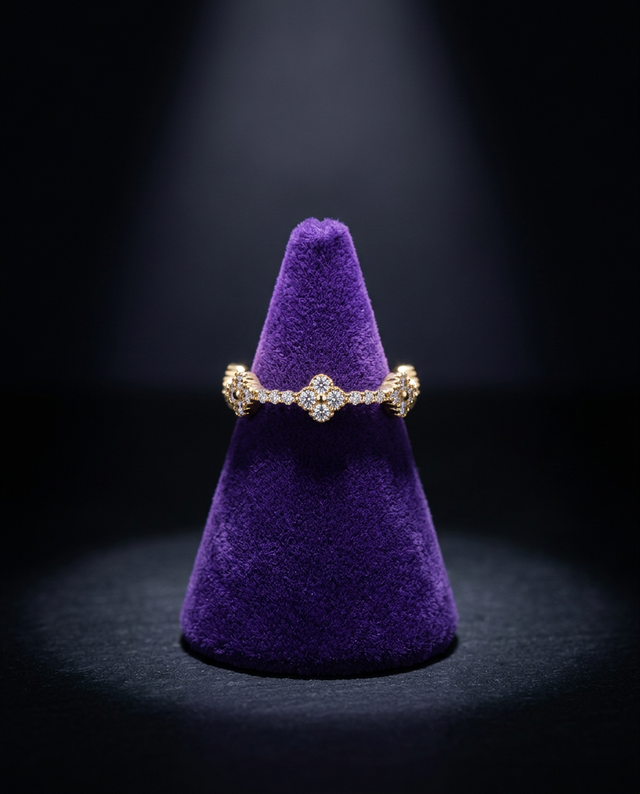 Eternity moissanite ring on royal purple velvet cone — Showtime Gems