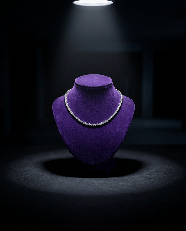 Moissanite tennis necklace on royal purple velvet bust — Showtime Gems