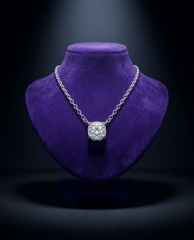 Cushion-cut moissanite pendant necklace on royal purple velvet bust — Showtime Gems