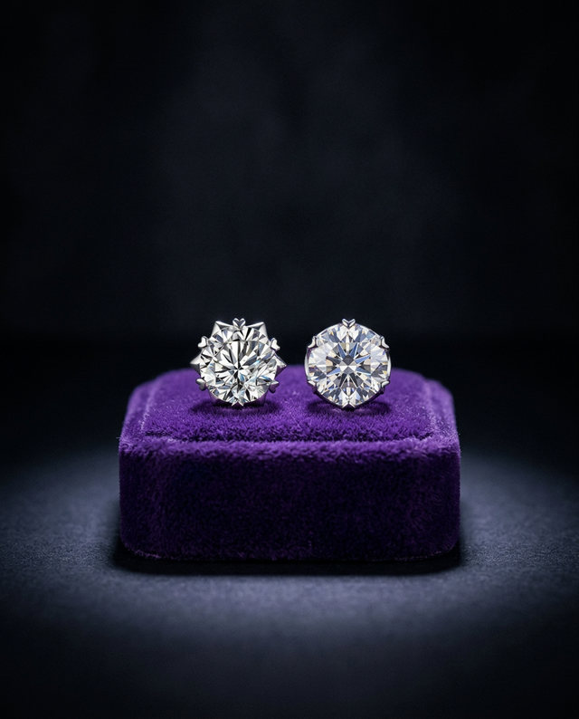 2ct moissanite stud earrings on royal purple velvet — Showtime Gems