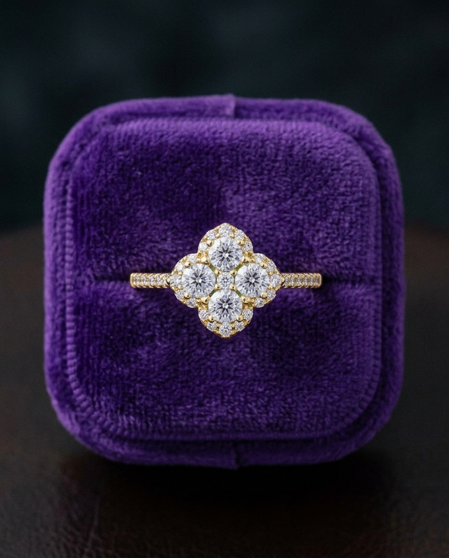 Moissanite solitaire ring in royal purple velvet box — Showtime Gems