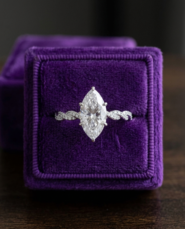 Marquise moissanite engagement ring in royal purple velvet box — Showtime Gems