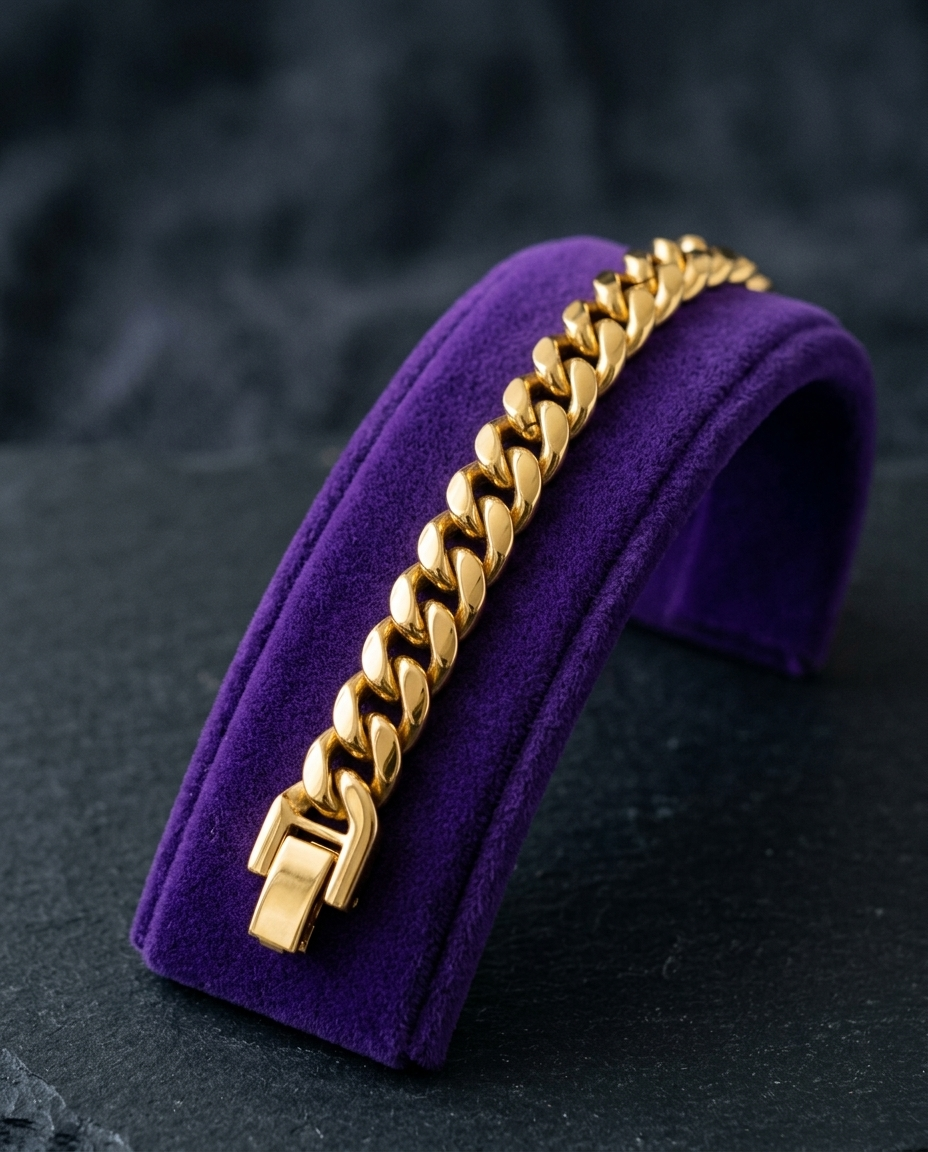 Gold Miami Cuban bracelet on royal purple velvet ramp — Showtime Gems