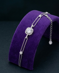 Moissanite tennis bracelet on royal purple velvet ramp — Showtime Gems