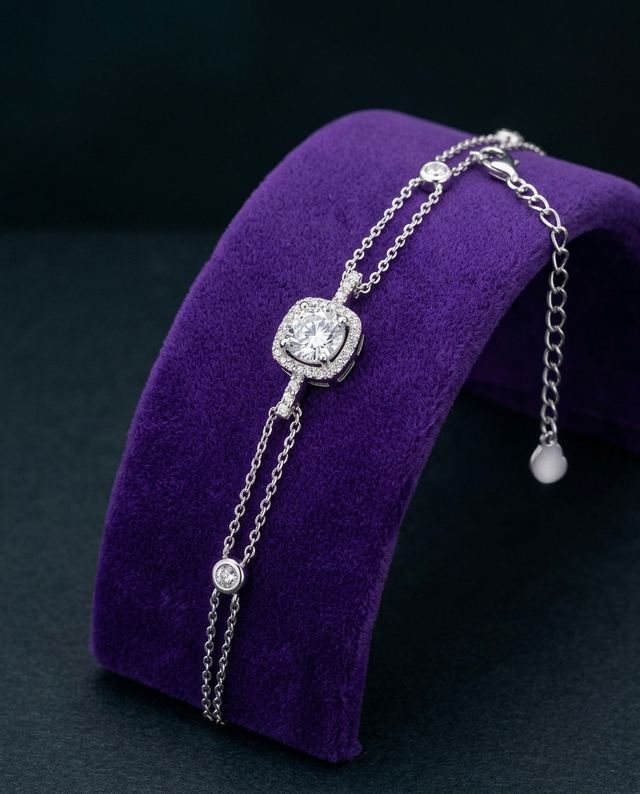 Moissanite tennis bracelet on royal purple velvet ramp — Showtime Gems