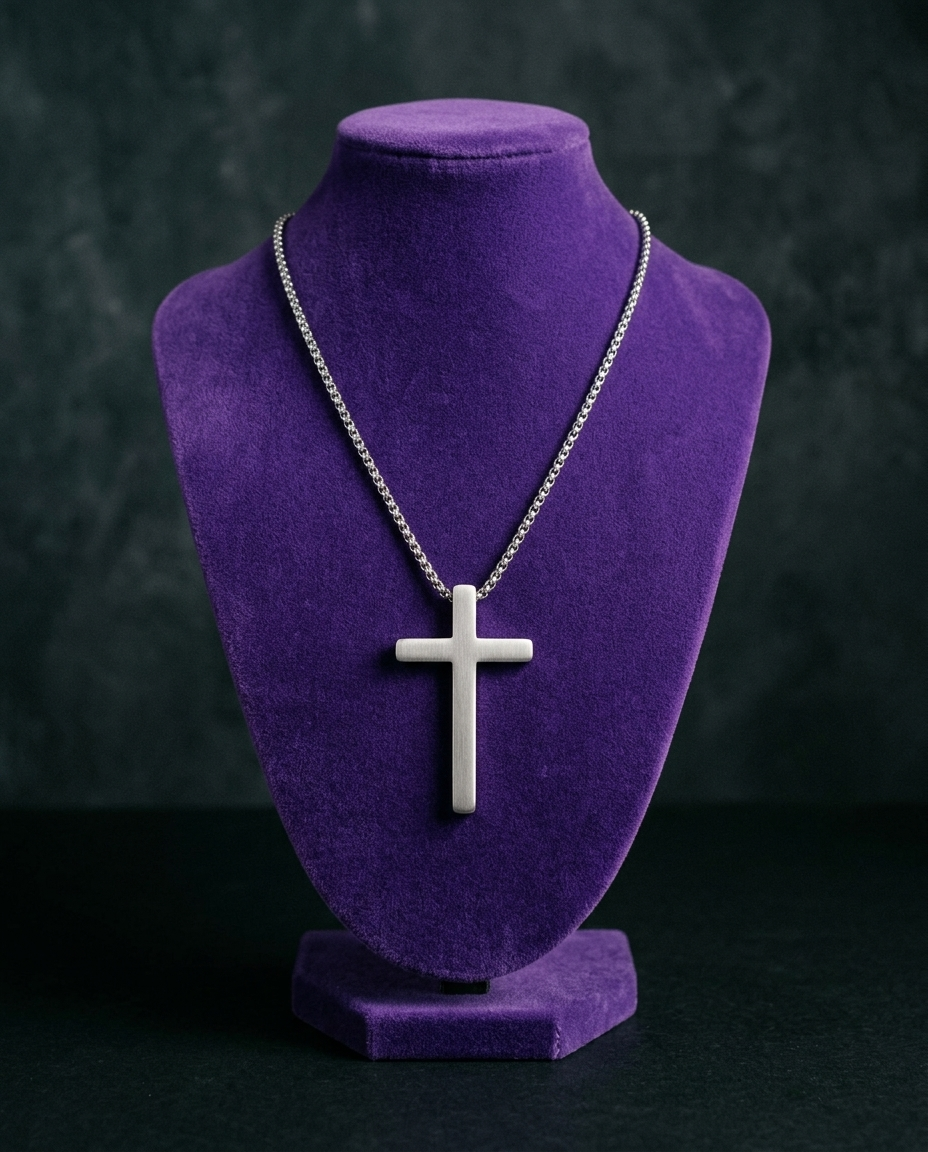 Men's cross pendant necklace on royal purple velvet bust — Showtime Gems