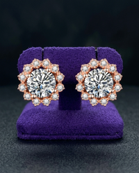 Moissanite stud earrings on royal purple velvet — Showtime Gems