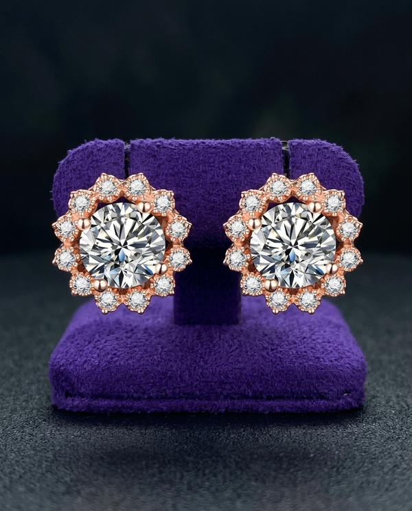 Moissanite stud earrings on royal purple velvet — Showtime Gems