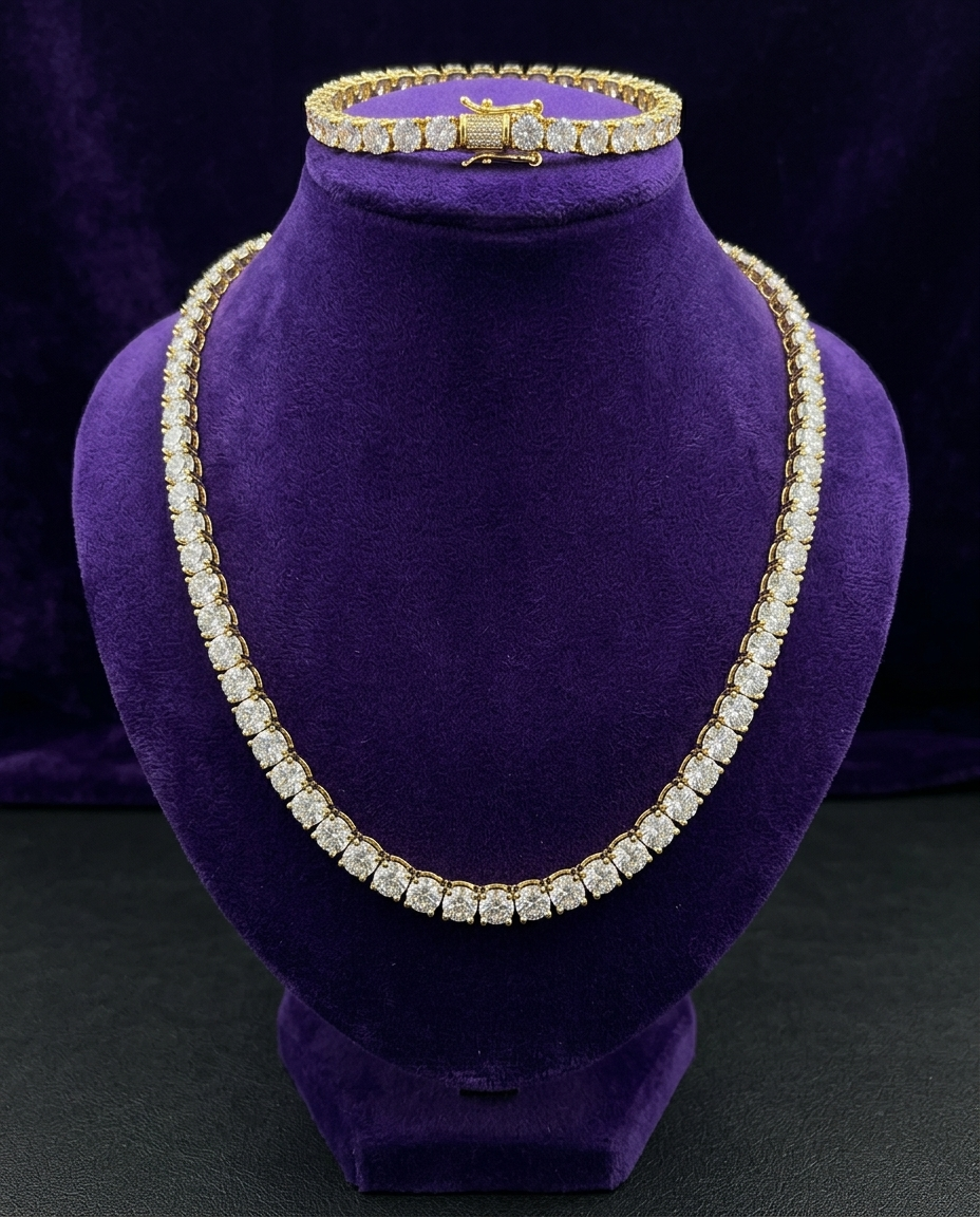 Iced CZ tennis chain on royal purple velvet bust — Showtime Gems