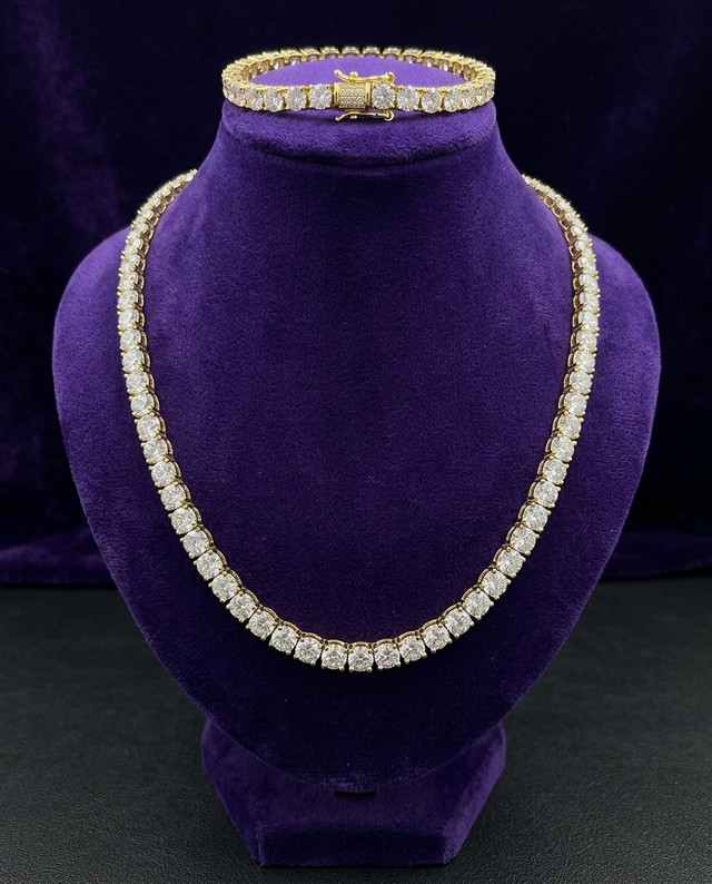 Iced CZ tennis chain on royal purple velvet bust — Showtime Gems