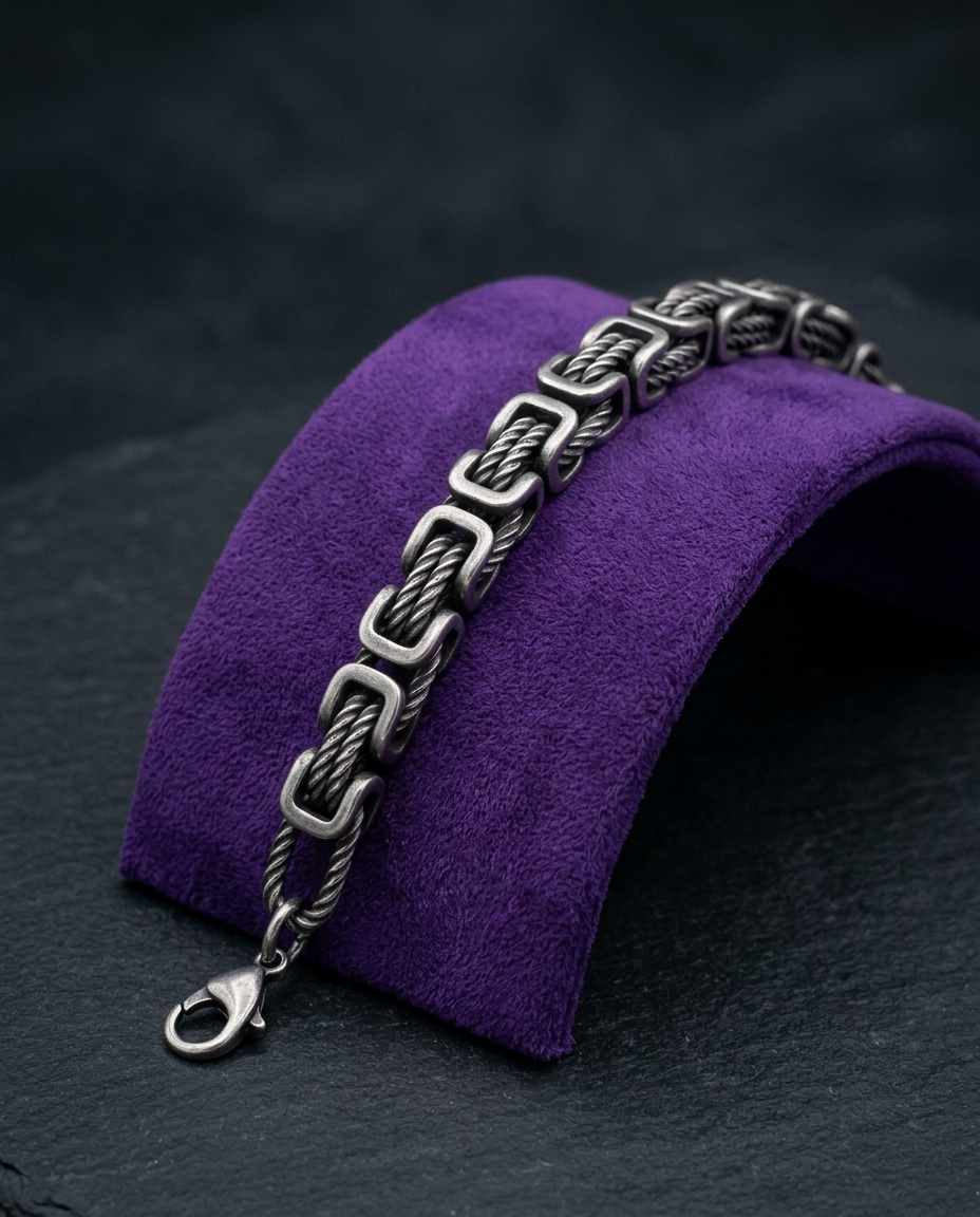 Byzantine chain bracelet on royal purple velvet ramp — Showtime Gems