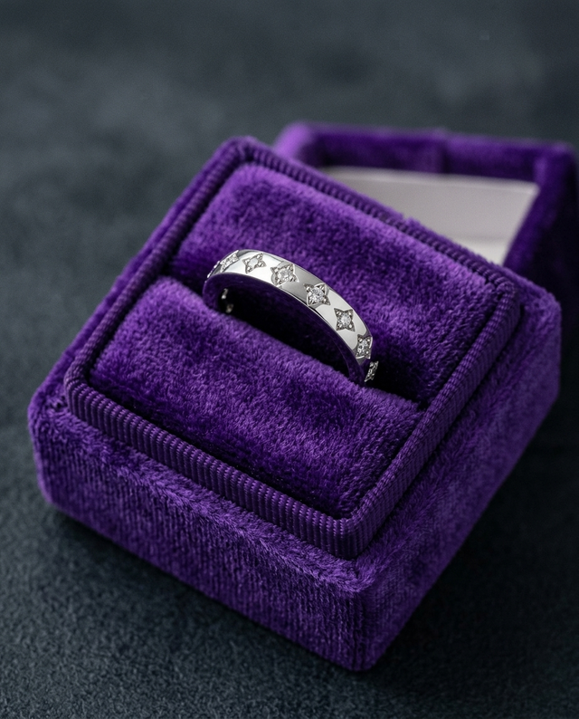 Moissanite wedding ring in royal purple velvet box — Showtime Gems