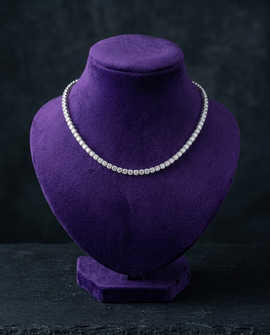 Moissanite tennis necklace on royal purple velvet bust — Showtime Gems