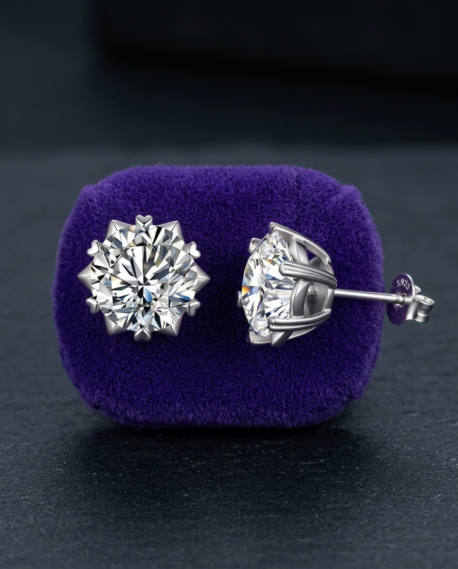2ct moissanite stud earrings on royal purple velvet — Showtime Gems
