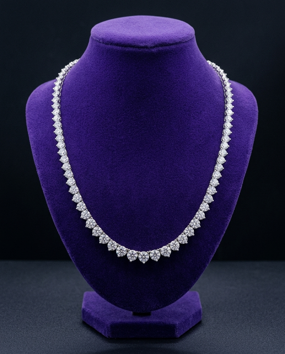 3-claw graduated moissanite tennis necklace on royal purple velvet bust — Showtime Gems