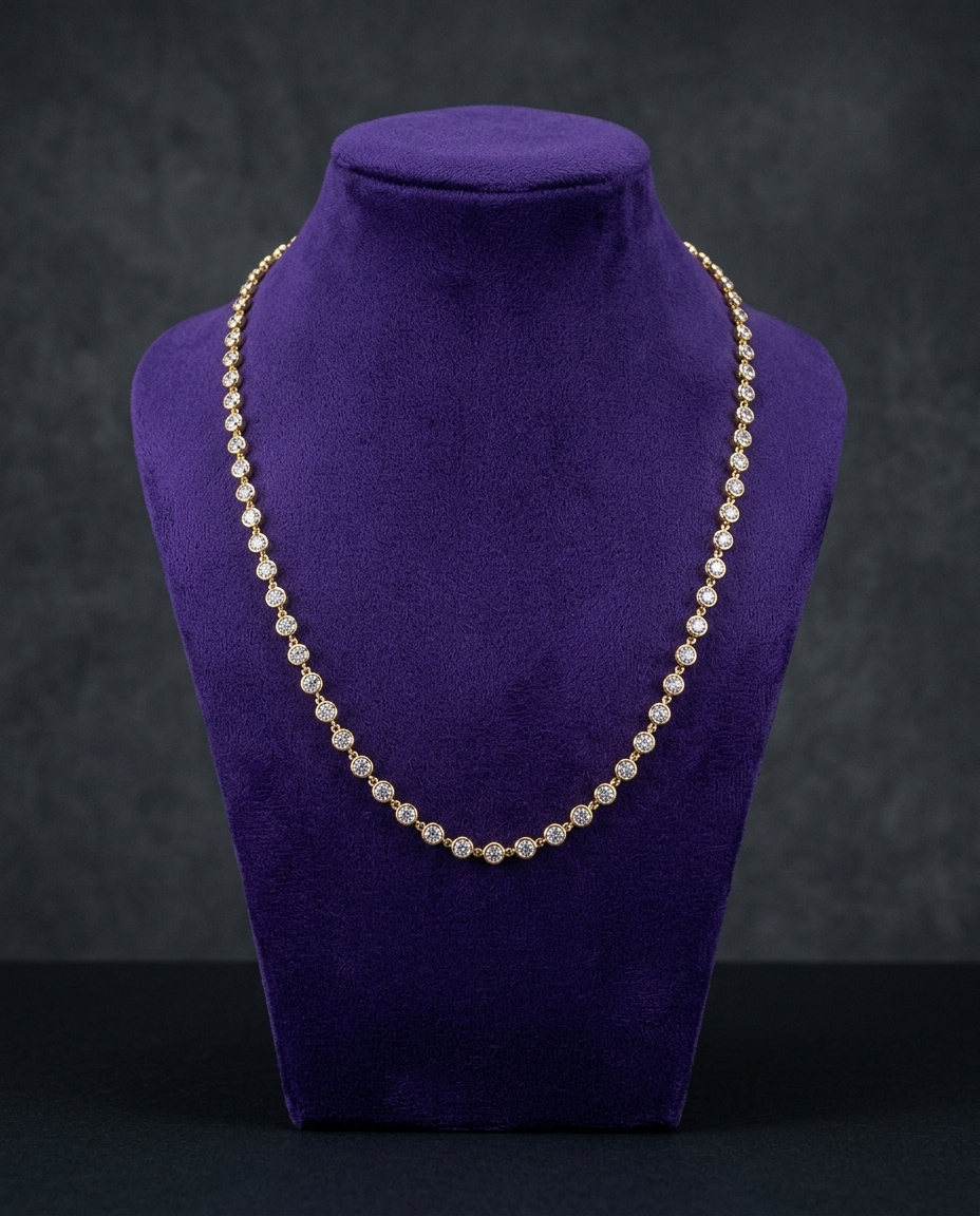 ATTAGEMS 3mm moissanite tennis chain on royal purple velvet bust — Showtime Gems
