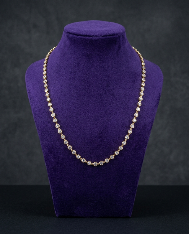 ATTAGEMS 3mm moissanite tennis chain on royal purple velvet bust — Showtime Gems