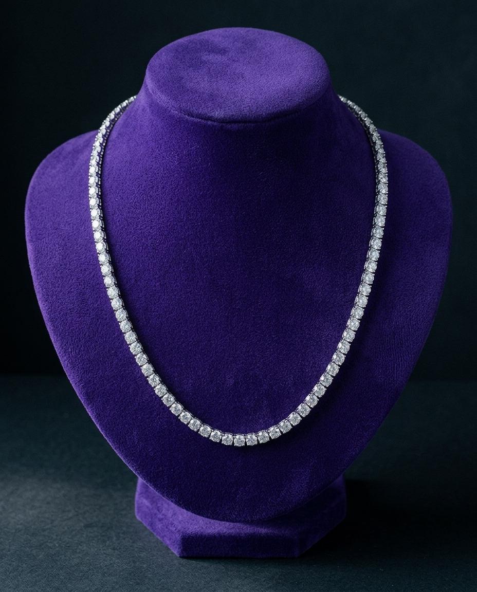 ATTAGEMS 5mm round tennis necklace on royal purple velvet bust — Showtime Gems