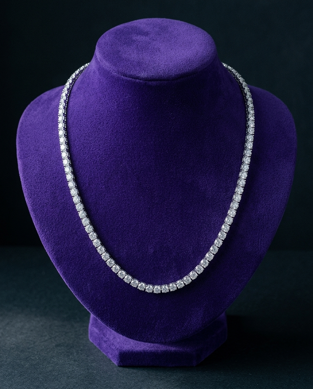 ATTAGEMS 5mm round tennis necklace on royal purple velvet bust — Showtime Gems
