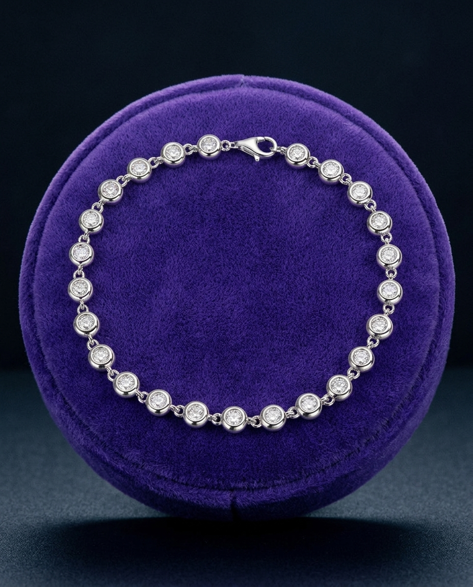 3mm bezel moissanite tennis bracelet on royal purple velvet ramp — Showtime Gems