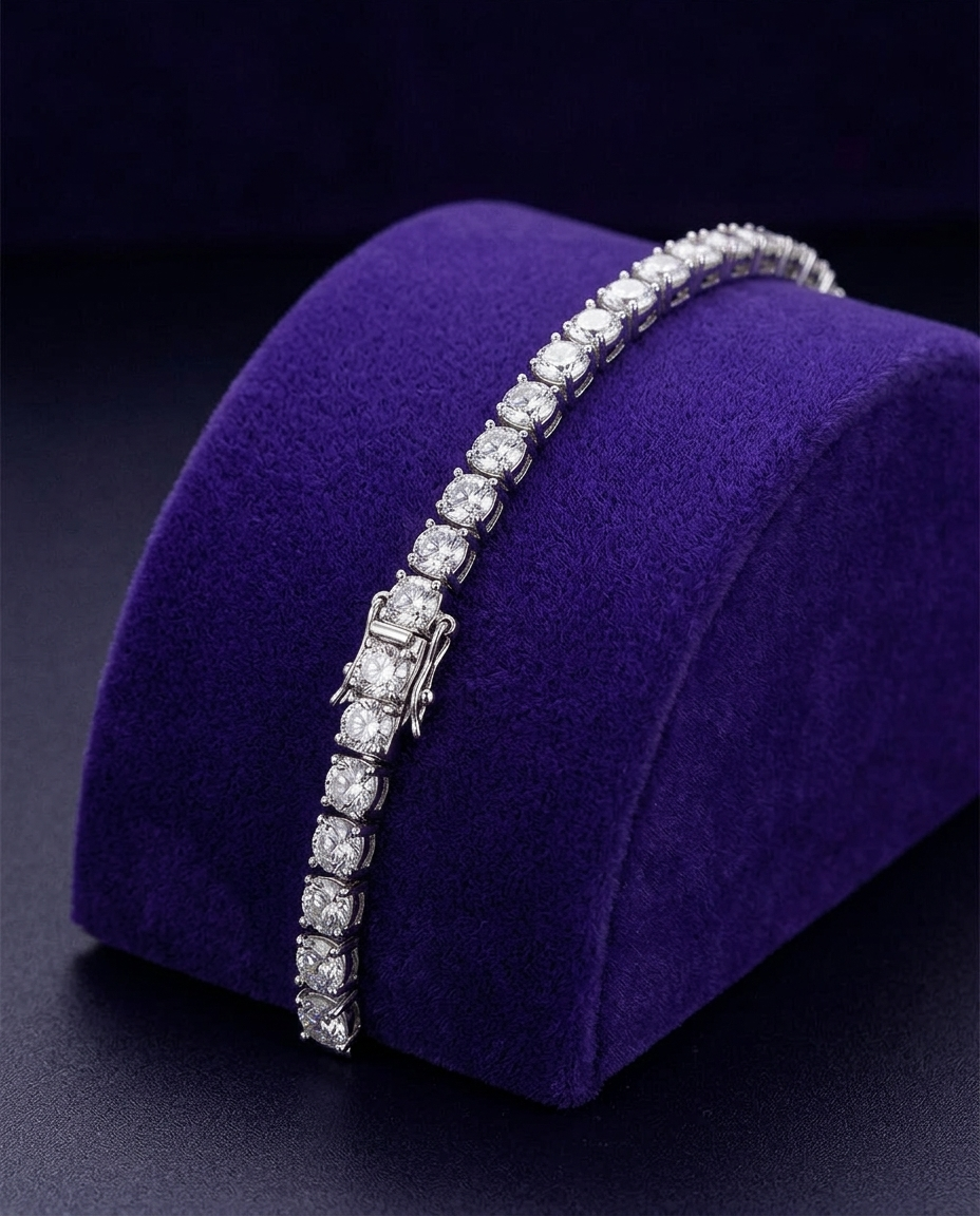 Classic 4-prong moissanite tennis bracelet on royal purple velvet ramp — Showtime Gems