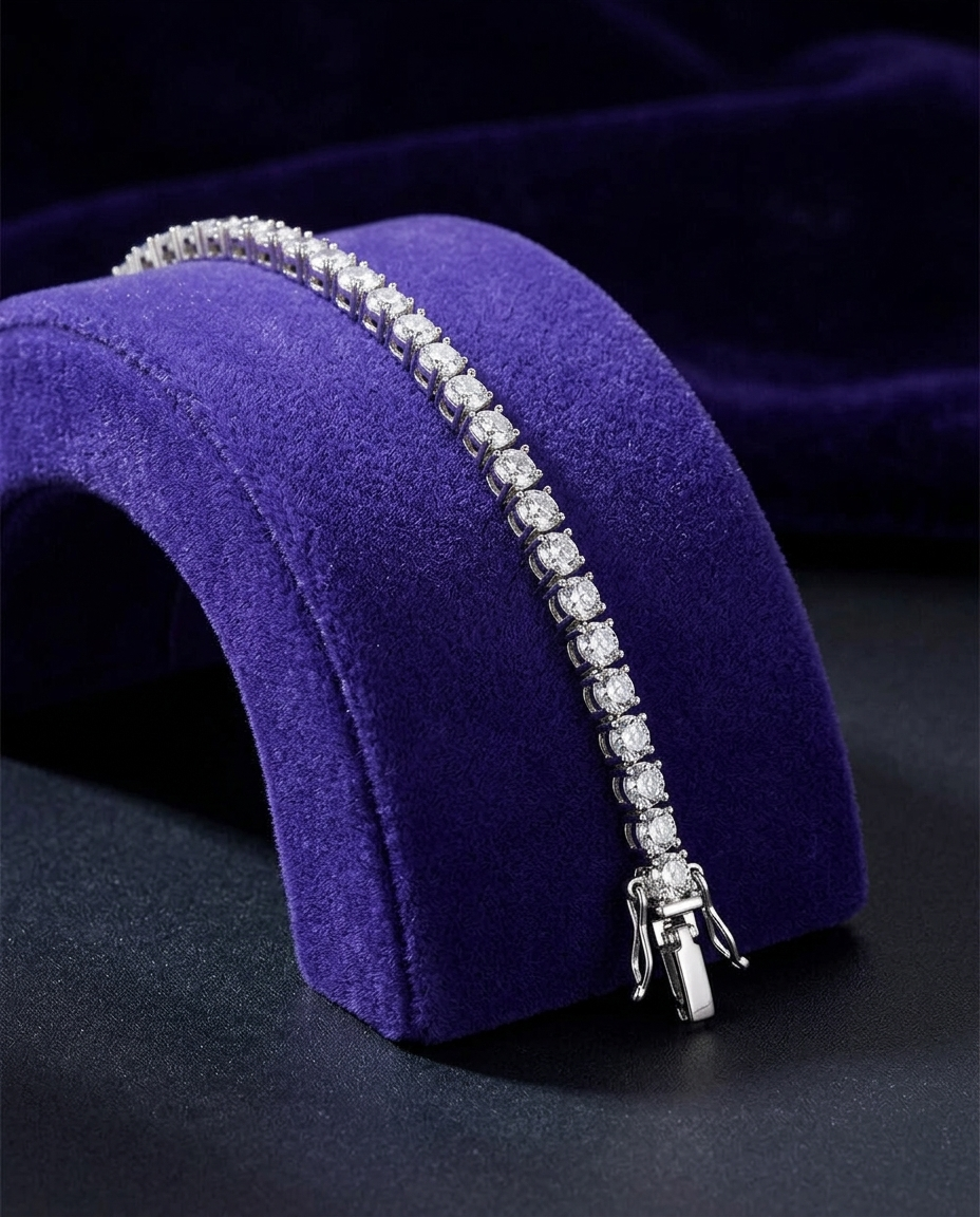 3-claw moissanite tennis bracelet on royal purple velvet ramp — Showtime Gems