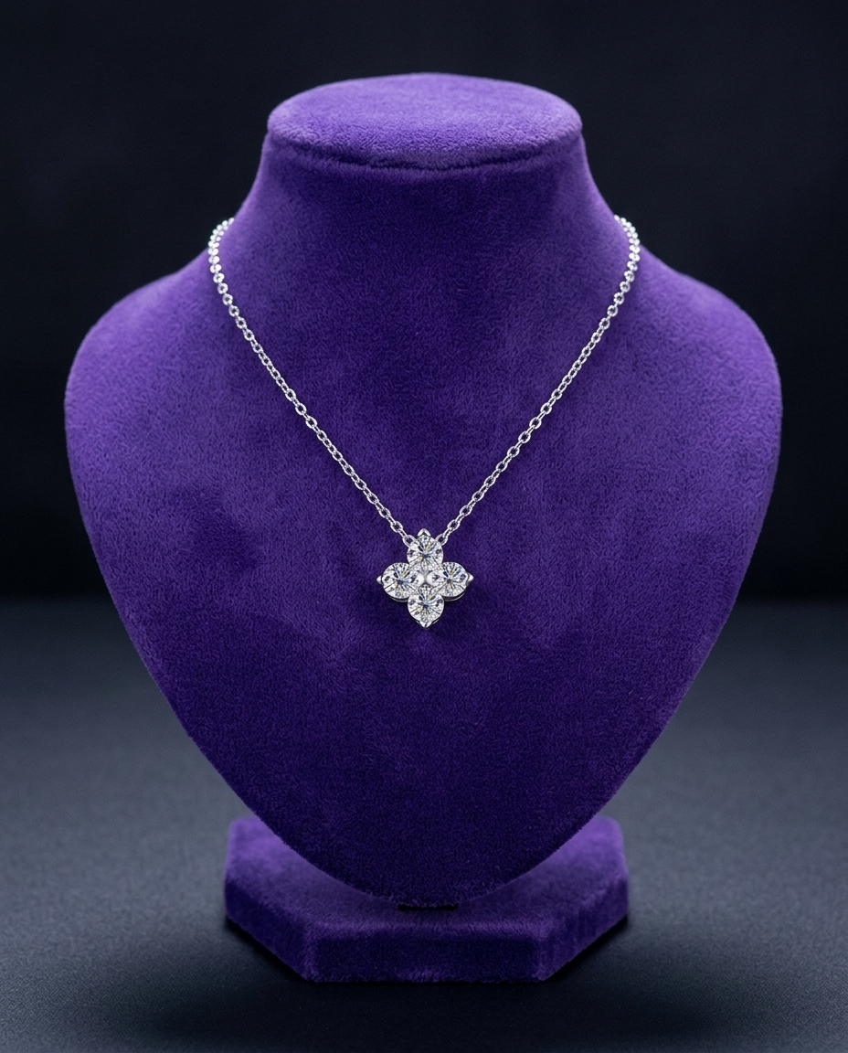 Dainty 0.4ct moissanite pendant necklace on royal purple velvet bust — Showtime Gems