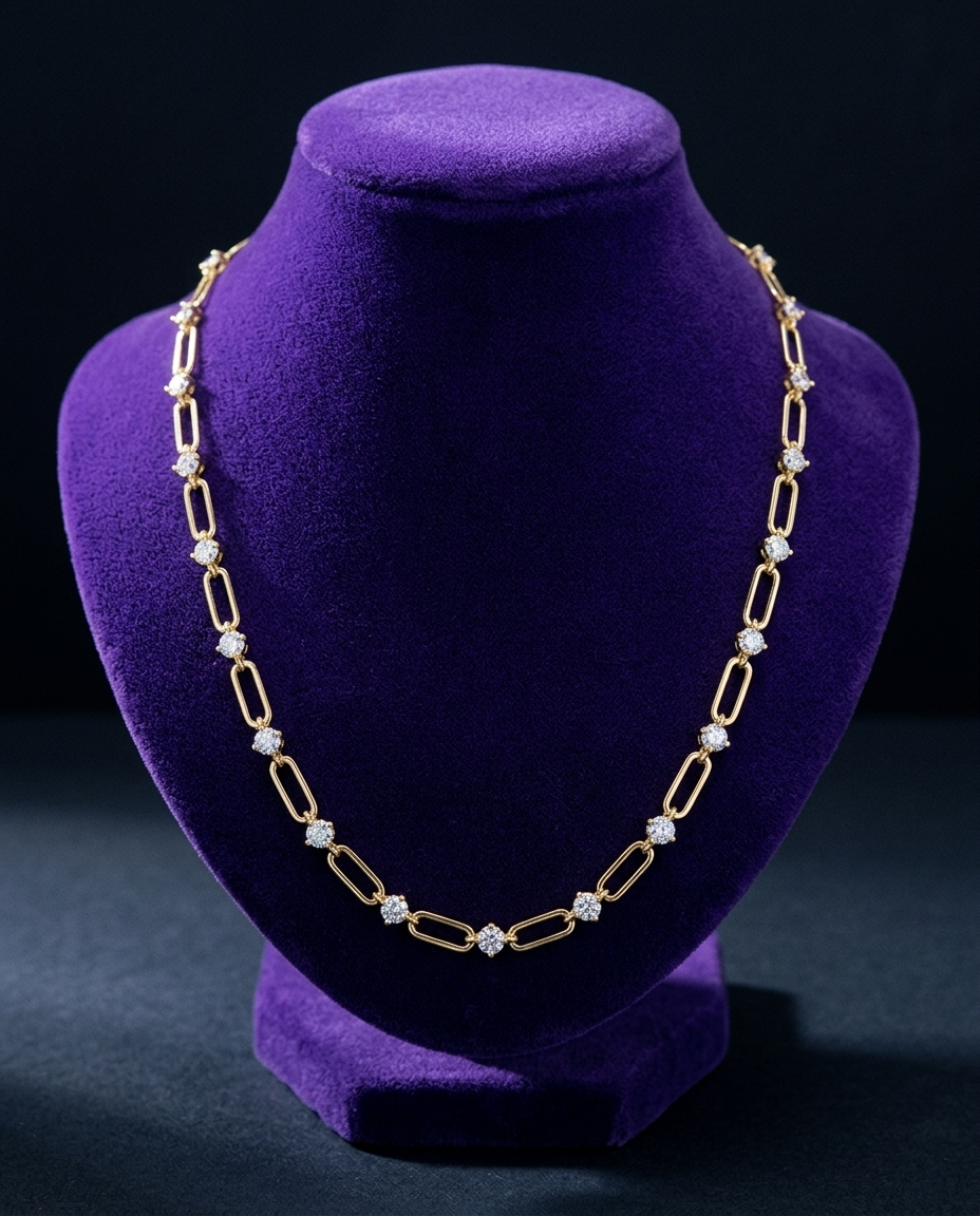 Gold paperclip-station moissanite necklace on royal purple velvet bust — Showtime Gems