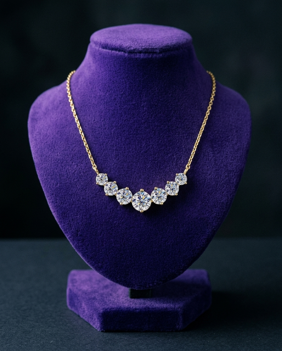 7-stone graduated moissanite necklace on royal purple velvet bust — Showtime Gems