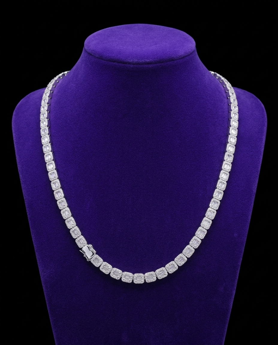 Baguette Tennis Chain necklace on royal purple velvet — Showtime Gems