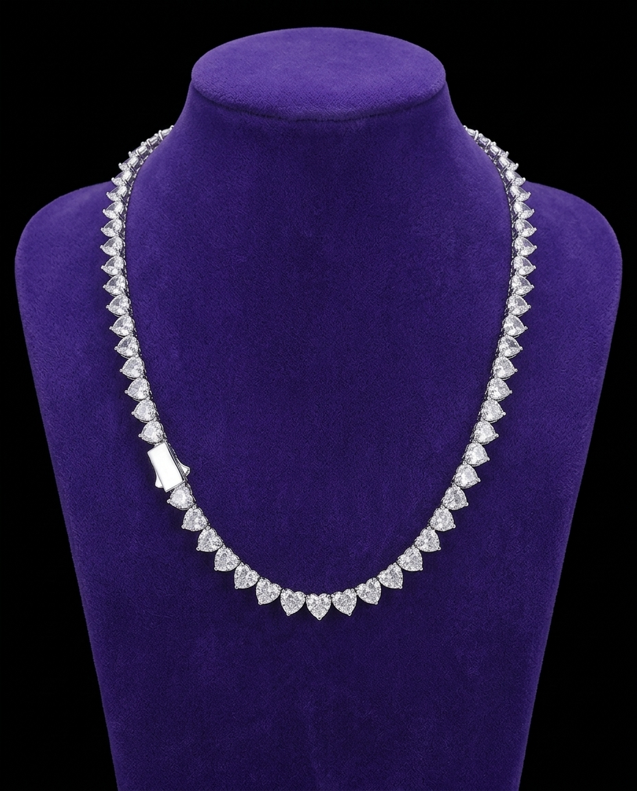 Heart-Cut Tennis Chain necklace on royal purple velvet — Showtime Gems