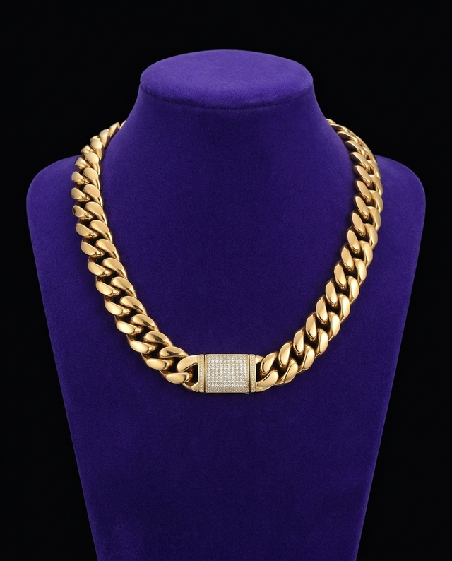 Iced CZ Cuban Choker necklace on royal purple velvet — Showtime Gems