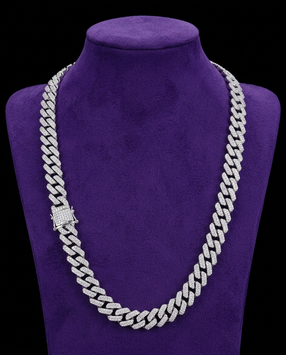Moissanite Cuban Chain necklace on royal purple velvet — Showtime Gems