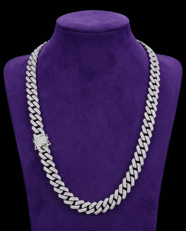 Moissanite Cuban Chain necklace on royal purple velvet — Showtime Gems