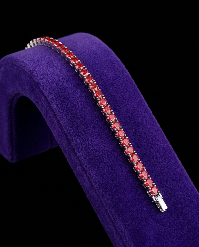Red Moissanite Tennis Bracelet bracelet on royal purple velvet — Showtime Gems
