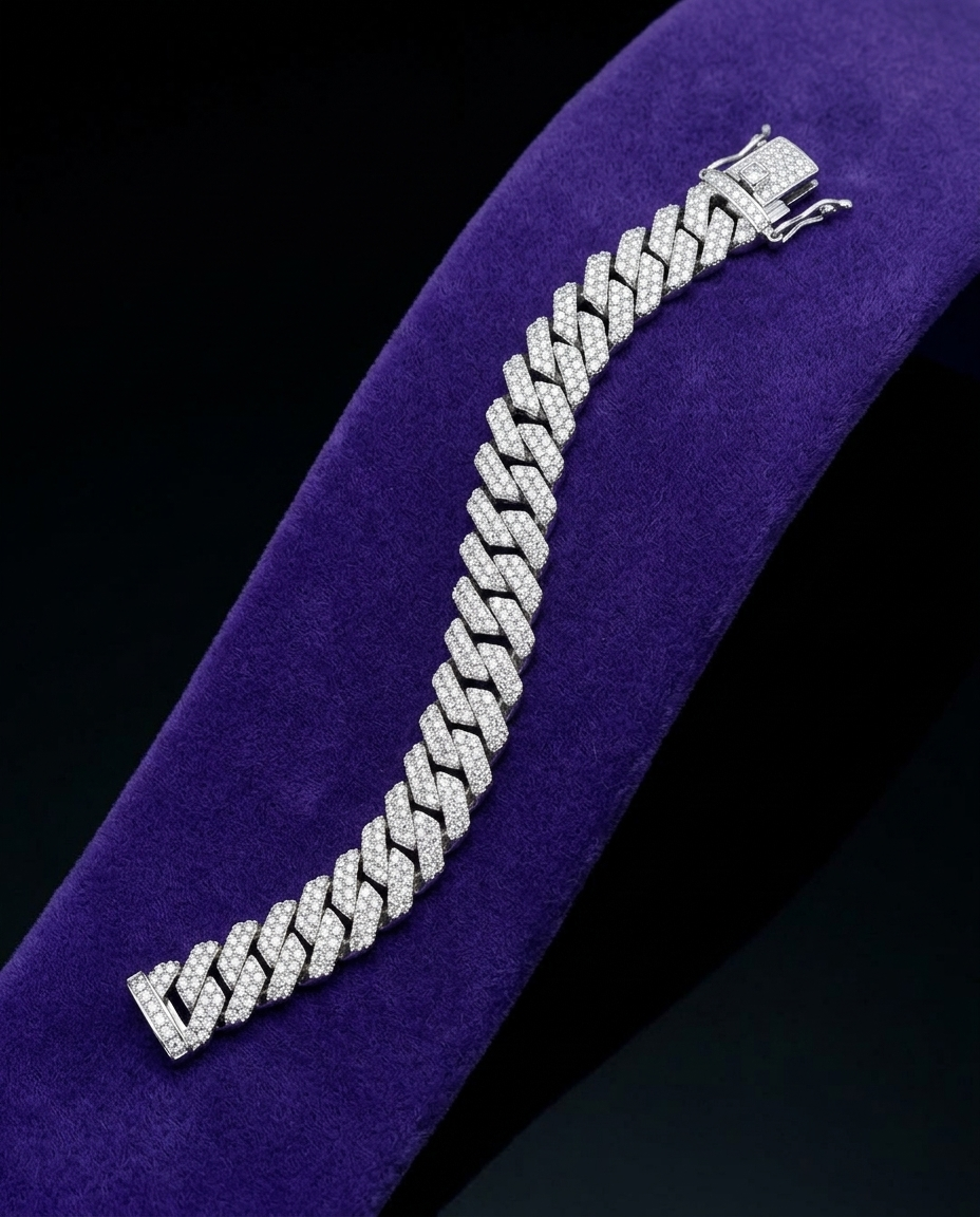 Moissanite Cuban Bracelet bracelet on royal purple velvet — Showtime Gems