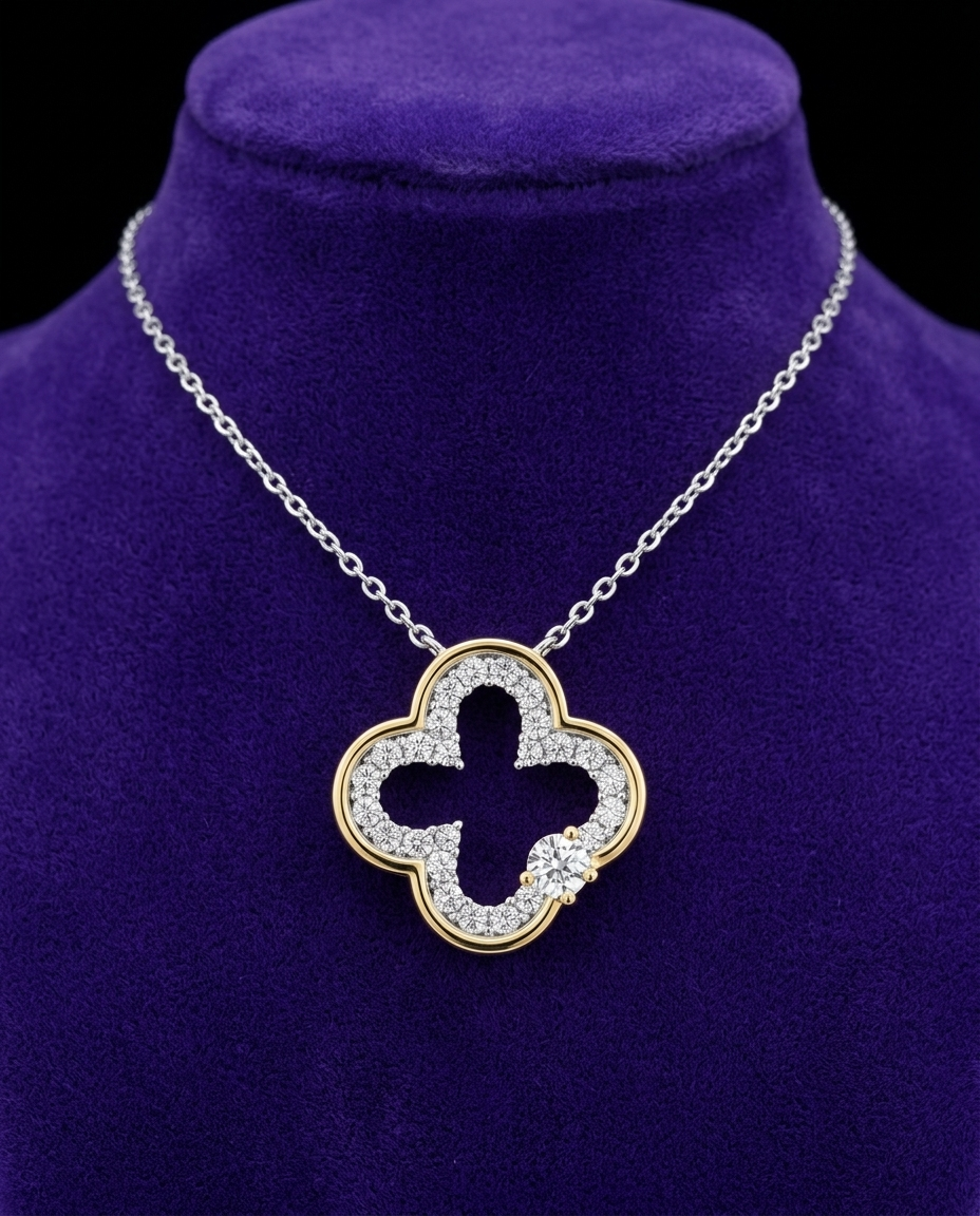 Two-Tone Clover Moissanite Necklace necklace on royal purple velvet — Showtime Gems