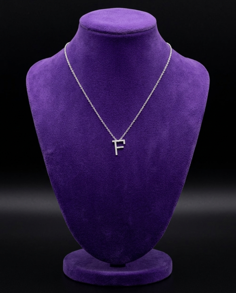 Moissanite Initial Letter Necklace necklace on royal purple velvet — Showtime Gems