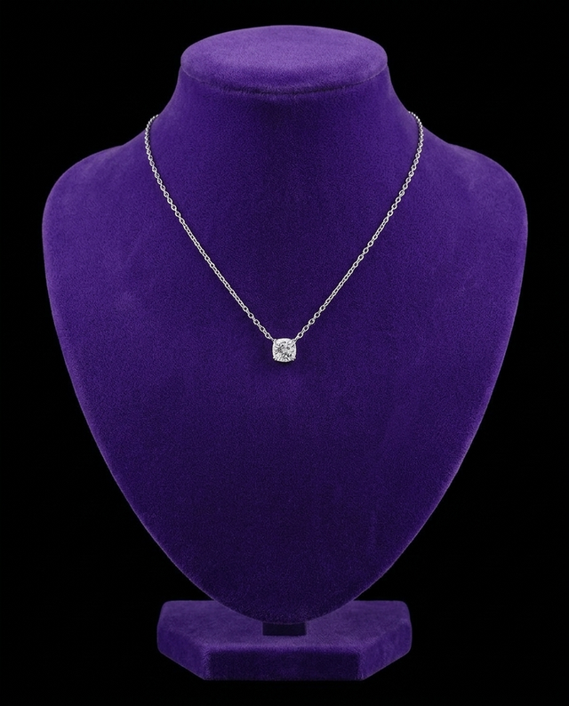 Cushion-Cut Moissanite Pendant Necklace necklace on royal purple velvet — Showtime Gems