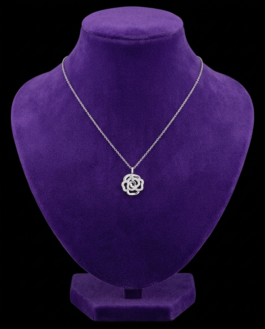 Moissanite Flower Pendant Necklace necklace on royal purple velvet — Showtime Gems