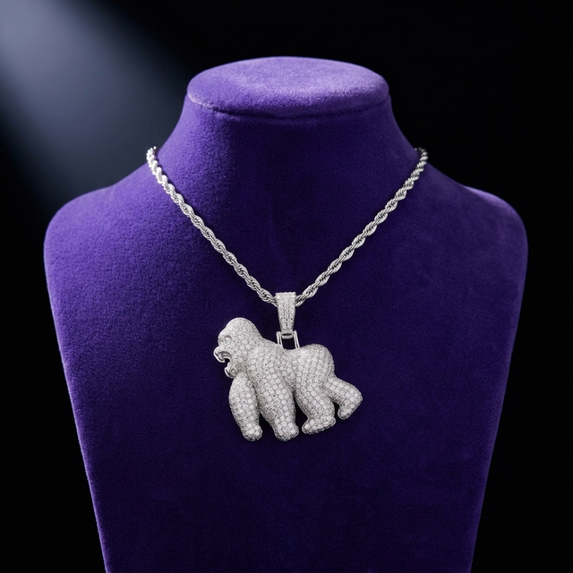 Moissanite Gorilla Pendant necklace on royal purple velvet — Showtime Gems