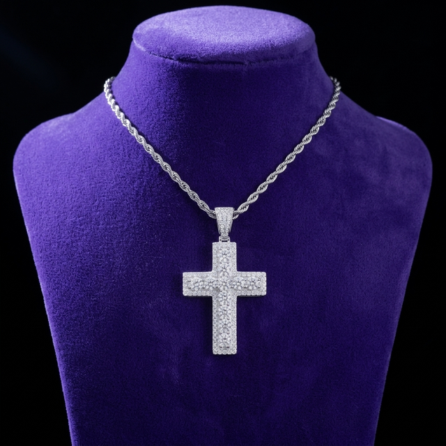 Moissanite Cross Pendant necklace on royal purple velvet — Showtime Gems