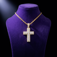 Moissanite Cross Pendant necklace in 18K gold on royal purple velvet — Showtime Gems
