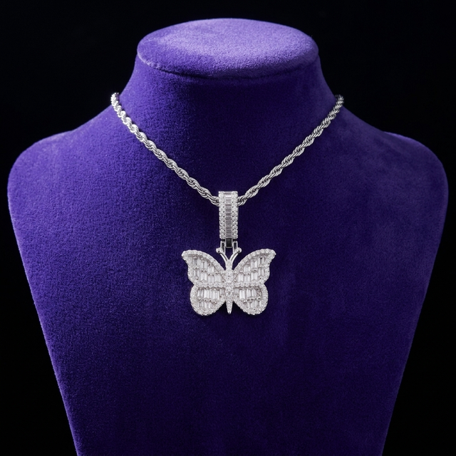 Moissanite Butterfly Pendant necklace on royal purple velvet — Showtime Gems